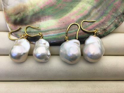AAA/AA+ 14-18mmx22-28mm flame ball pearl dangle earrings, sterling silver, earring with white baroque Natural Pearl, SE3-069