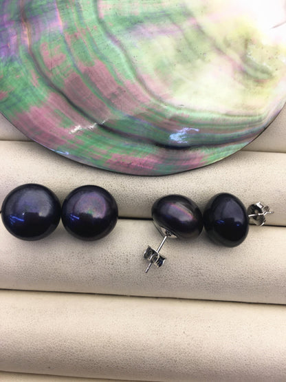 AA+ 13.5-14mm Very Big Black Buttom Round Pearl stud earrings,SE1-069-3