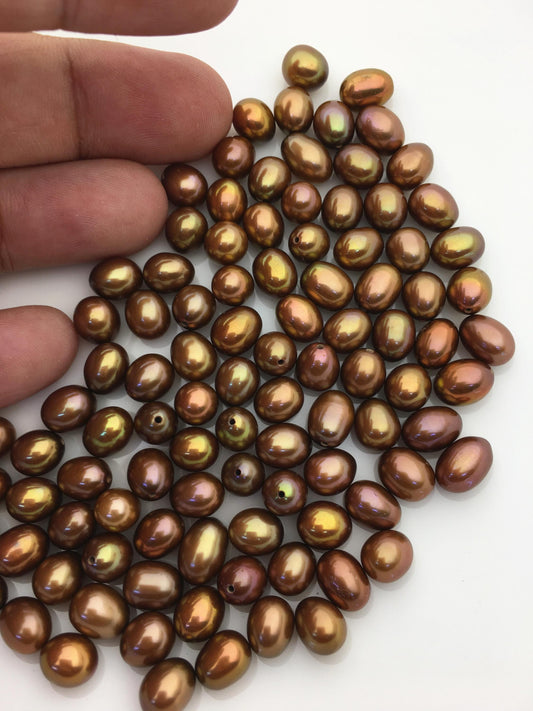 20pcs AAA 7-7.5mm brown rice freshwater pearls, 0.9mm top half hole, brown oval pearl, for make dangle pearl earrings, LR7-T5