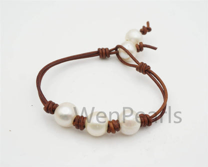 fashion jewelry, White pearl Leather Pearls Bracelet - plait leather bracelet - Select Leather Color - Genuine freshwater pearl - Le7-131