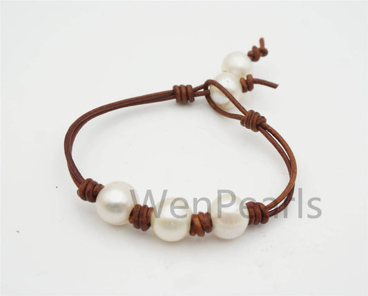 fashion jewelry, White pearl Leather Pearls Bracelet - plait leather bracelet - Select Leather Color - Genuine freshwater pearl - Le7-131