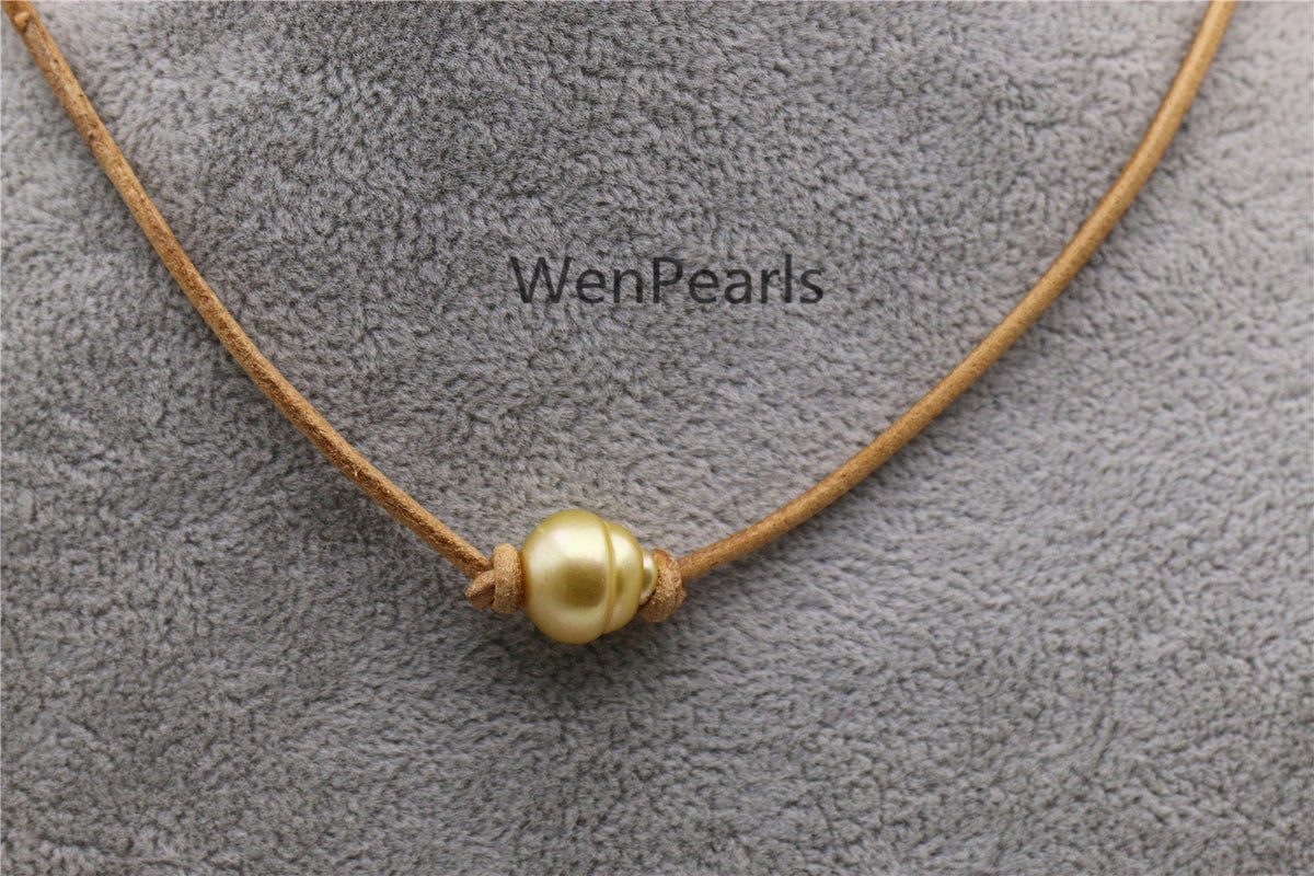 South Sea Golden Pearl Choker, Leather Necklace, High Luster pearl, Pearl Leather Necklace, Black Pearl, Black Leather Pearl necklace, Le11-014