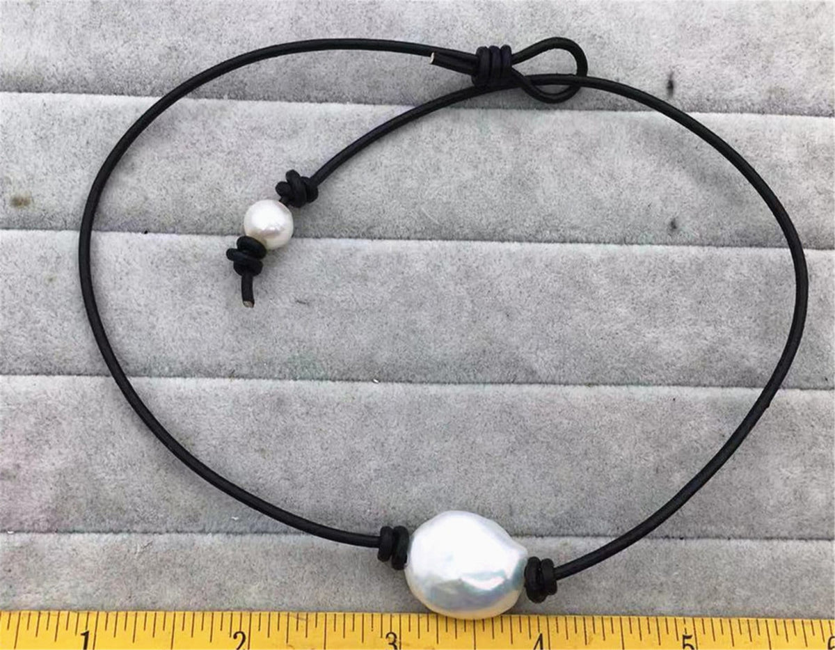 AAA White big Baroque Pearl necklace, Leather Pearl Choker, Pearl Leather Necklace, White Freshwater pearl, Black Leather Pearl necklace, Le1-081