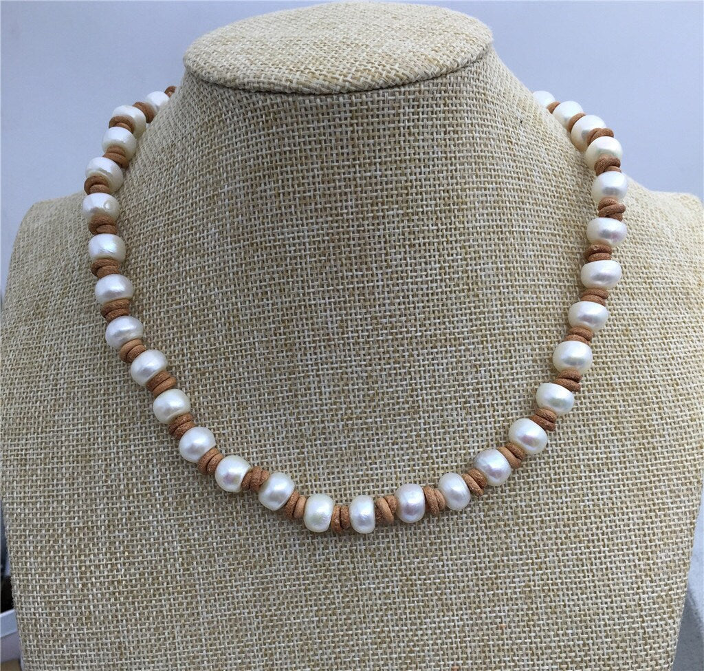 Freshwater pearl and leather necklace,Baroque Freshwater Pearl Necklace,white pearl necklace,wholesale,Le1-020