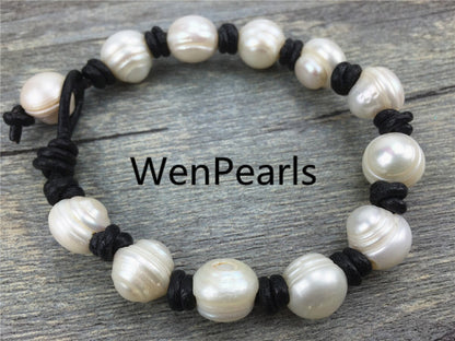11mm big pearl bracelet, Leather Pearls Bracelet, Handmade Cuff, White Pearls on Brown Leather, Black leather bracelet, Le7-029
