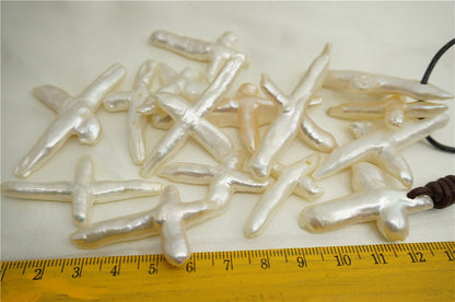 Cross Pearl leather necklace,Freshwater Pearl Pearl Bead White Cross Pearl Loose Bead,Le1-033