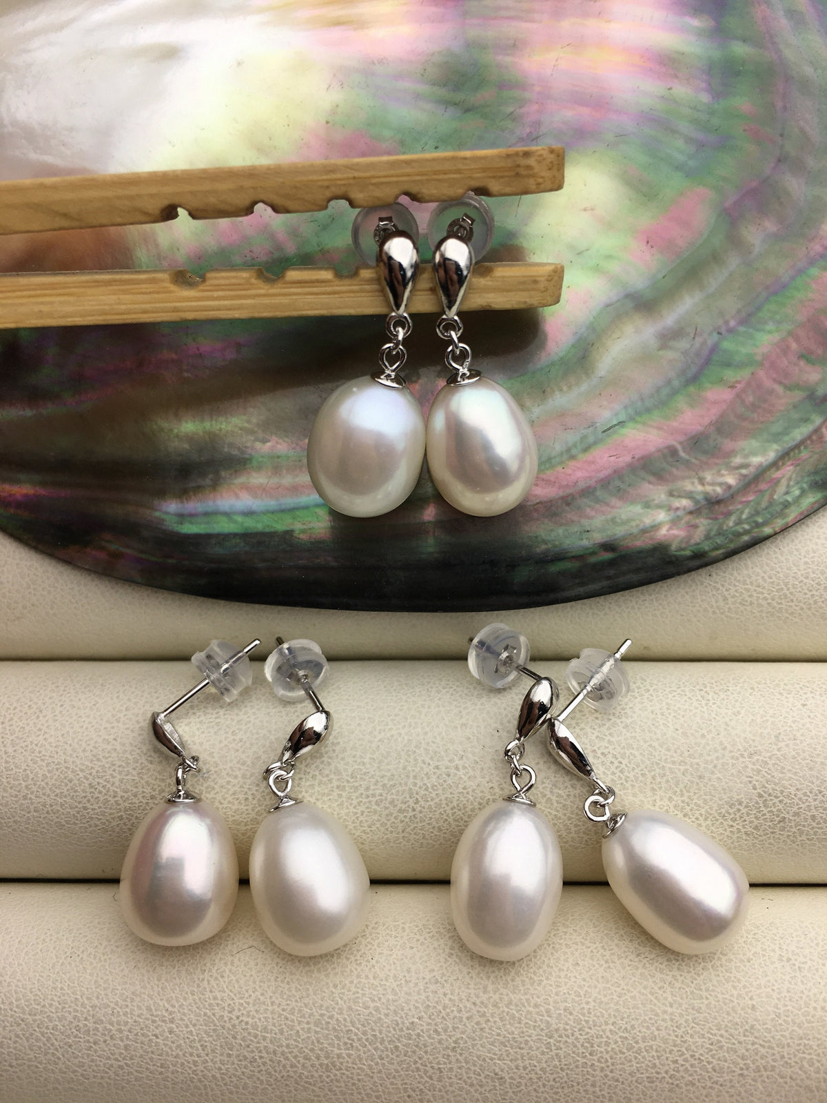 1 pair AAA 9-10mm white rice pearl dangle earrings,S925 Sterling Silver pearl earrings,pearl for women,SE3-096