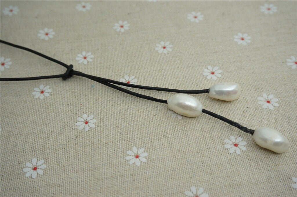 Freshwater Pearl and Leather Lariat Necklace, Light Brwon Leather Pearl necklace, Leather baroque pearl necklace,Le1-076