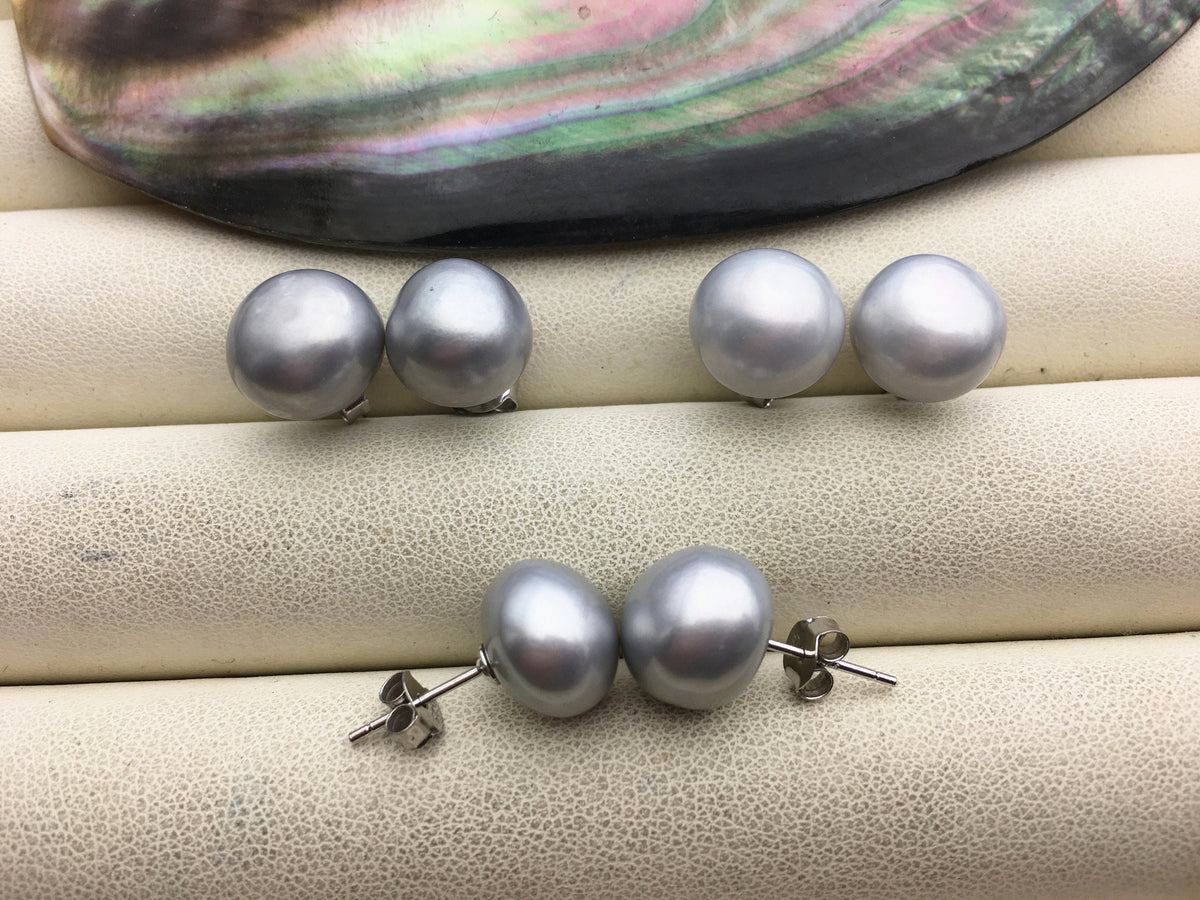 AAA 11-12mm big Silver gray button round Pearl Stud Earrings, freshwater pearl earrings, classic pearl studs, SE1-069-13