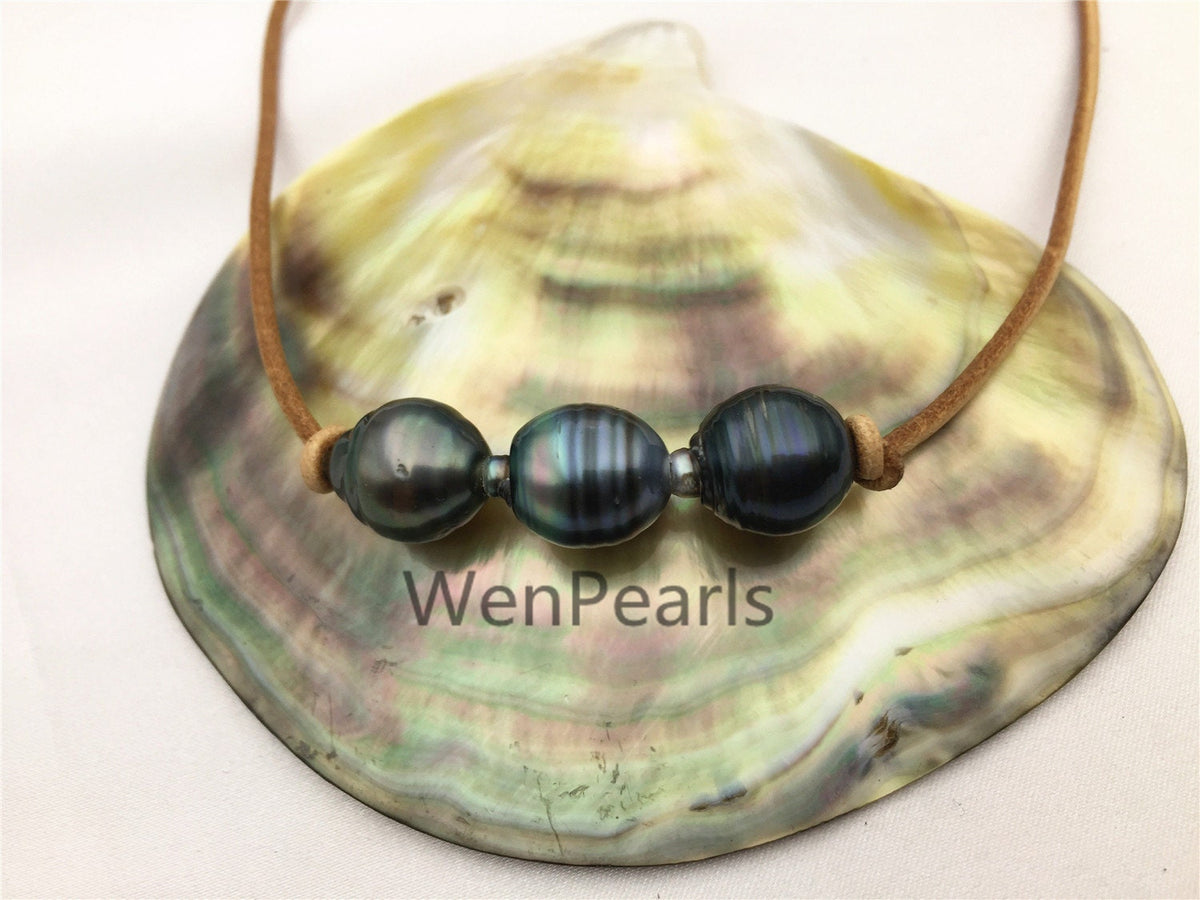 Three Tahitian Pearl Choker, Leather Necklace, High Luster, Pearl Leather Necklace, Black Leather Pearl necklace, Black pearl necklace, Le11-016
