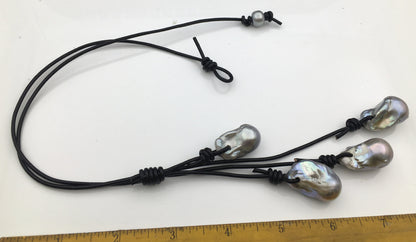 Four Gray Flame ball pearl and leather necklace, Baroque Freshwater Pearl Drop Necklace, Flaming ball pearl necklace, wholesale, Le4-059