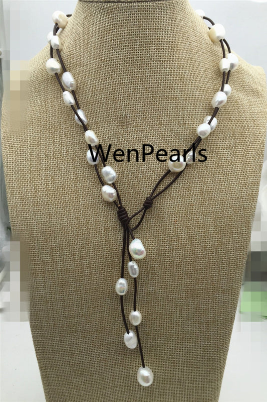 Two Rows Baroque pearl leather necklace, Pearl and Leather Lariat Necklace, Leather Pearl necklace, Leather baroque pearl necklace, Le3-040