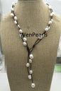 Two Rows Baroque pearl leather necklace, Pearl and Leather Lariat Necklace, Leather Pearl necklace, Leather baroque pearl necklace, Le3-040