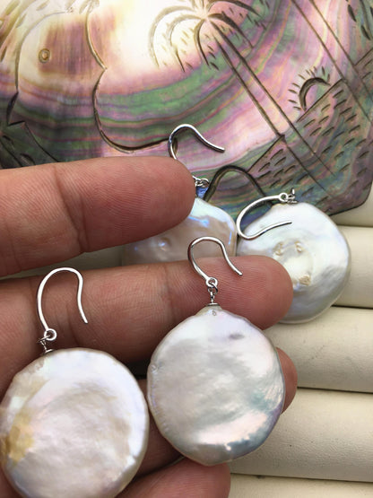 Rare!Big AA 26mm white Natural keshi Pearl Dangle Earrings,Earrings for Women Girls,SE3-T38-1