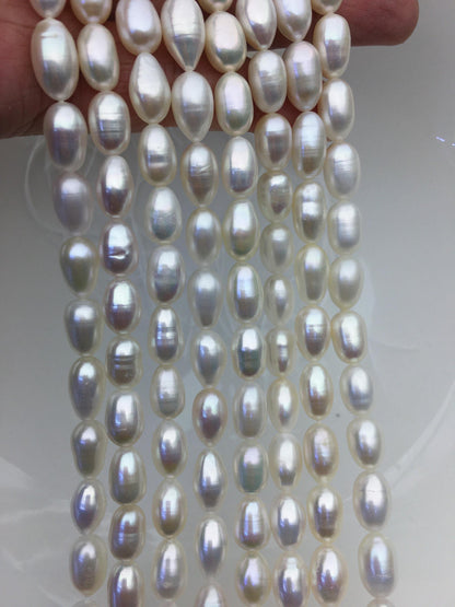 AAA- 7.3-8mm x 10-12mm Cultured White Freshwater Rice Pearls beads, drop pearl necklace, diy pearl beads, gift for her, LR8-2A-2