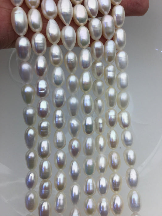 AAA- 7.3-8mm x 10-12mm Cultured White Freshwater Rice Pearls beads, drop pearl necklace, diy pearl beads, gift for her, LR8-2A-2