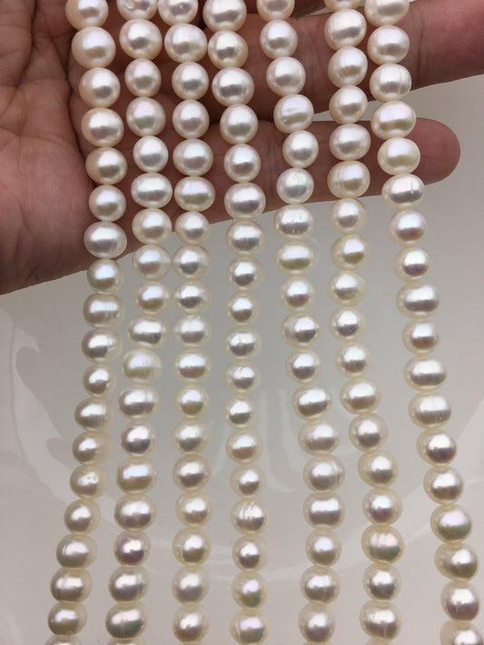 AA+ 6.3-7.3mm White potato pearls, around 58pcs, potato shape pearl, Full Strand, Freshwater Pearl Near round Beads, CR7-2A-3