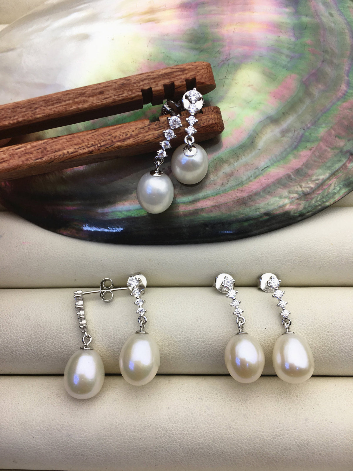 AAA 9mm White rice pearl cz stud earrings,zircon S925 Sterling Silver pearl earrings,pearl for women for girl,SE3-T26