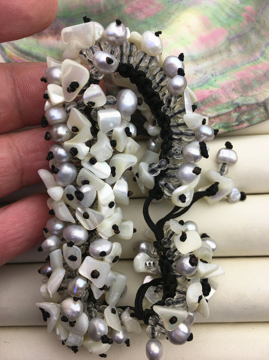 1pc handmade gray pearl and shell thread bracelet, adjust length, pearl bracelet, knotted freshwater pearl bracelet, Pearls Bracelet, B8-T3