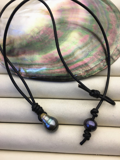 11-13mm Big Teardrop Drop Tahitian Pearl Leather Necklace, Black Pearl, Black Leather Pearl necklace, Le11-018