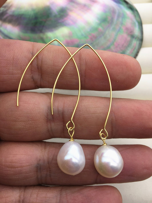 Big Hoop 11mm White nugget pearl dangle earrings,wedding pearl earrings,SE3-131-40