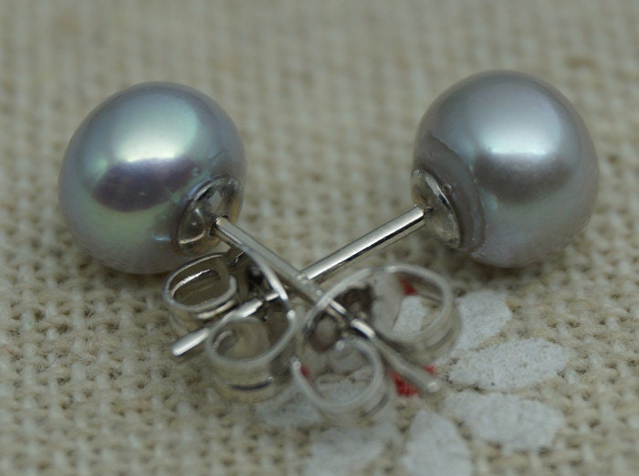 AAA+ 4mm-12mm Gray Pearl Stud Earrings, button round, Select Size, silver grey pearl stud earrings, Sterling Silver, SE1-007