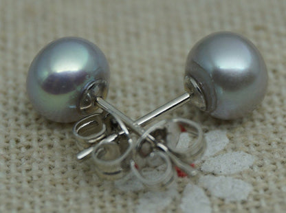 AAA+ 4mm-12mm Gray Pearl Stud Earrings, button round, Select Size, silver grey pearl stud earrings, Sterling Silver, SE1-007