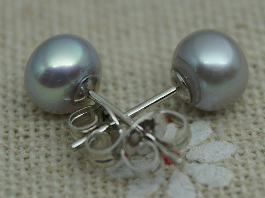 AAA+ 4mm-12mm Gray Pearl Stud Earrings, button round, Select Size, silver grey pearl stud earrings, Sterling Silver, SE1-007