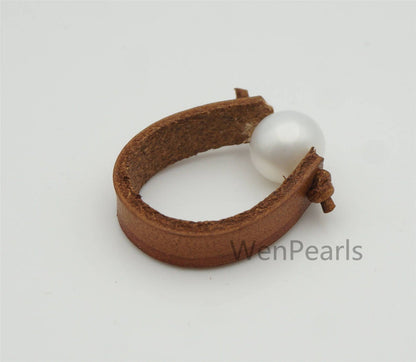 White Pearl and Leather Ring- fashion ring, Genuine freshwater pearl - Real leather - Select Leather Color - Le55-001