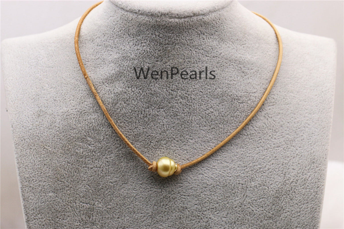 South Sea Golden Pearl Choker, Leather Necklace, High Luster pearl, Pearl Leather Necklace, Black Pearl, Black Leather Pearl necklace, Le11-014