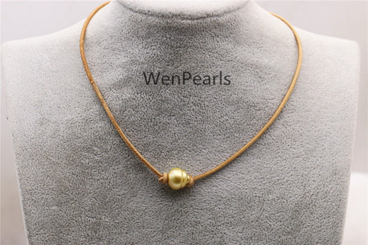 South Sea Golden Pearl Choker, Leather Necklace, High Luster pearl, Pearl Leather Necklace, Black Pearl, Black Leather Pearl necklace, Le11-014