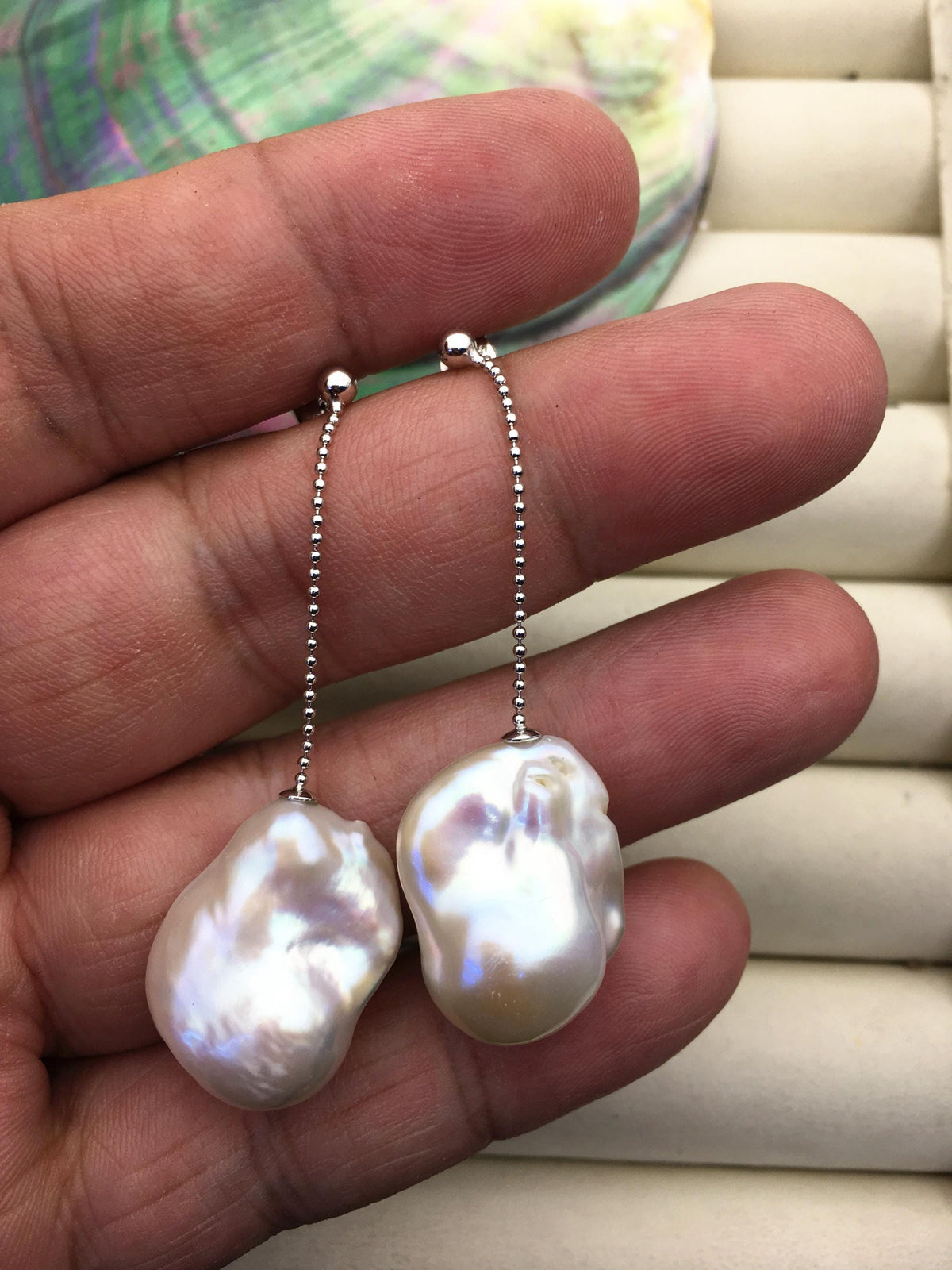 1 pair AAA 13-17mm white flame ball pearl stud earrings, sterling silver, earring with white baroque Natural Pearl, SE3-031-25