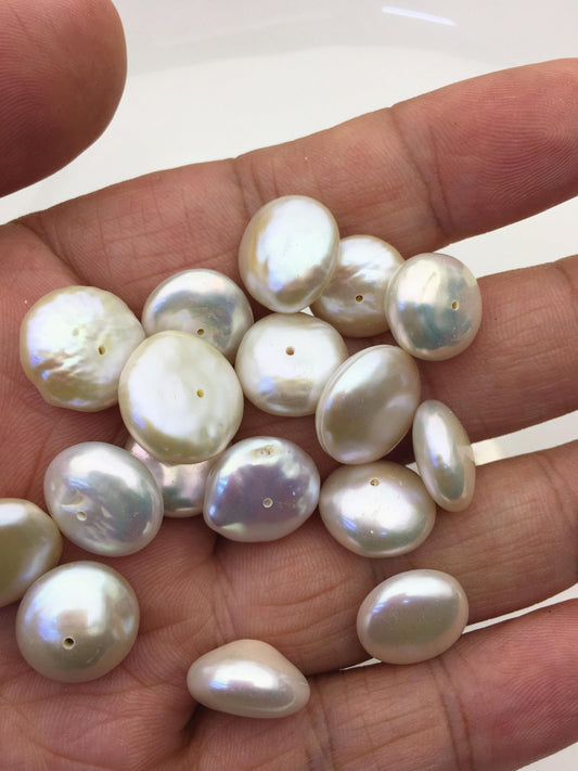 20pcs AAA/AA+ 13-15mm White Coin freshwater pearls,diy bead, 0.9mm half hole , flat round pearl bead,COIN12-T17