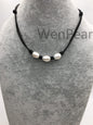 Three Big Pearl Leather necklace, White Freshwater pearl, Black Leather Pearl necklace, Select leather color, Le4-029