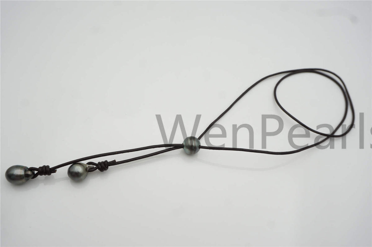 Big Tahitian pearl necklace, Pearl and Leather Lariat Necklace, Light brown Leather Pearl necklace, Sea pearl, Black pearl necklace, Le11-023