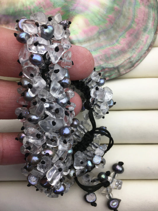 1pc handmade gray pearl and crystal thread bracelet, adjust length, pearl bracelet, knotted freshwater pearl bracelet, Pearls Bracelet, B8-T5