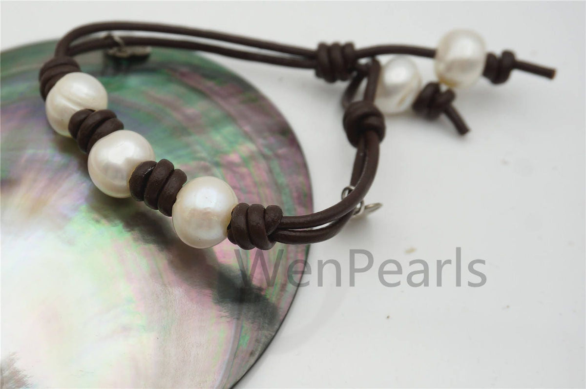 3 Pearl leather bracelet,11mm potato white pearl,Select leather color,Handmade Cuff,Le7-112