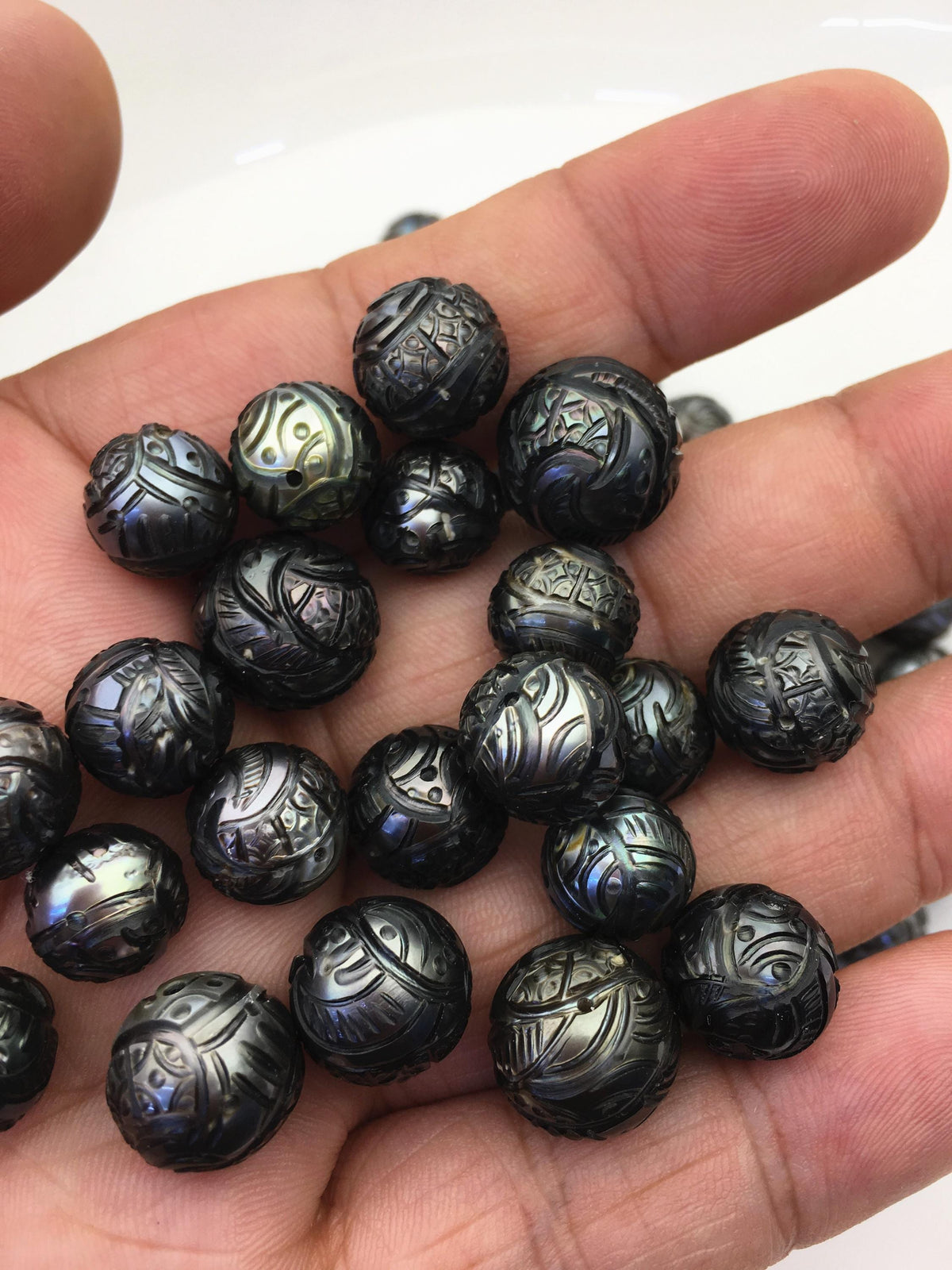 1pc AA 10-14 Black Near Round Carved Tahitian Pearl - Hand Carved - Tattoo Pearls, carved pearls, flower design, through hole, CAC-FLW-9-2