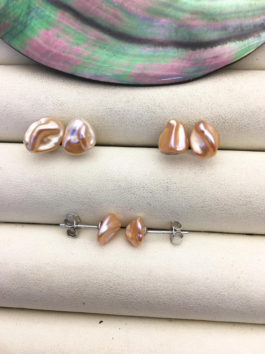 AAA 7-8mm pink with purple keshi Freshwater Pearl Stud Earrings,Stud Earrings for Women Girls,SE3-015