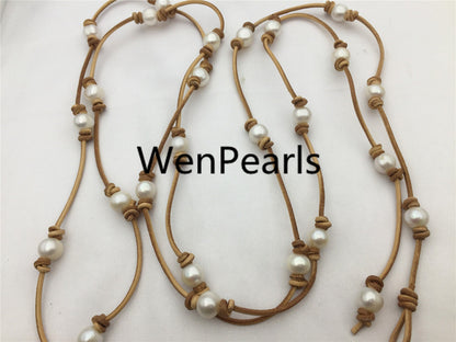 Freshwater Pearl and Leather Necklace, long leather necklace, Light brown, Tan Leather Pearl necklace, Le3-050