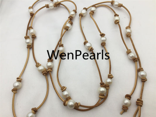 Freshwater Pearl and Leather Necklace, long leather necklace, Light brown, Tan Leather Pearl necklace, Le3-050
