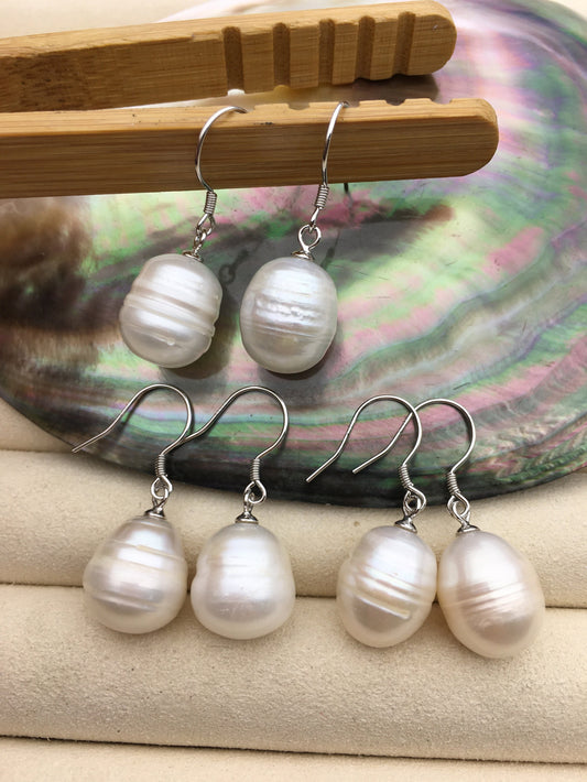 1 pair AA 12mm big white rice pearl dangle earrings, Sterling Silver, dangle pearl earrings, wedding earring, bridal, SE3-005