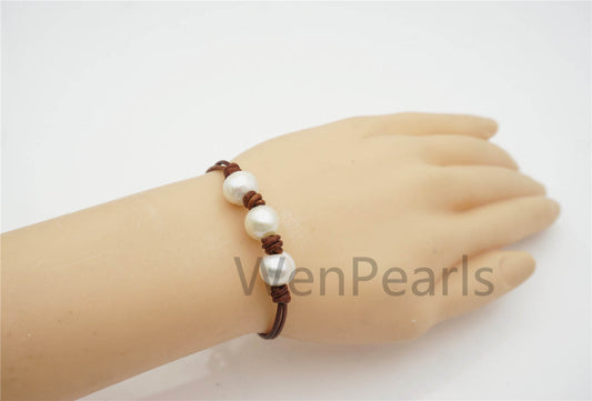 fashion jewelry, White pearl Leather Pearls Bracelet - plait leather bracelet - Select Leather Color - Genuine freshwater pearl - Le7-131