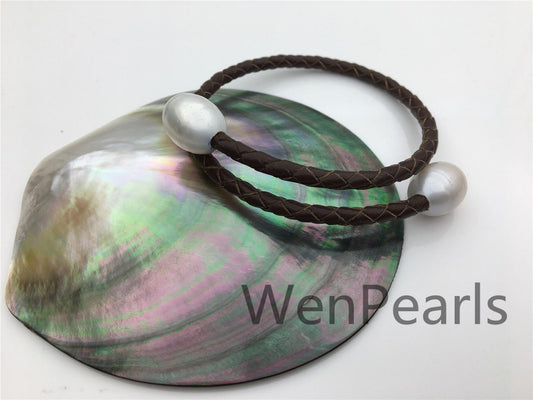 Two Pearl Adjust Length Leather Bracelet,Leather pearl Bracelet-genuine freshwater pearl - Real leather - Le20-001