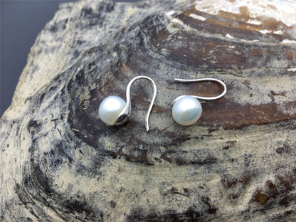 High-heeled pearl dangle earrings, 8-8.5mm pearl, S925 Sterling Silver pearl earrings, AAA button round pearl earrings for women, SE3-088