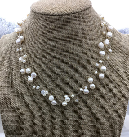 AAA pearl floating necklace, illusion pearl necklace, Multiple strand, Bridesmaid necklace, floating pearl choker, pearl charm necklace, NPN3-005