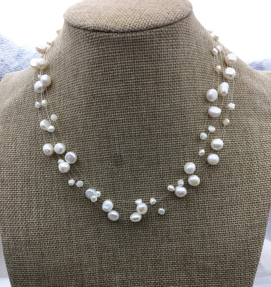 AAA pearl floating necklace, illusion pearl necklace, Multiple strand, Bridesmaid necklace, floating pearl choker, pearl charm necklace, NPN3-005