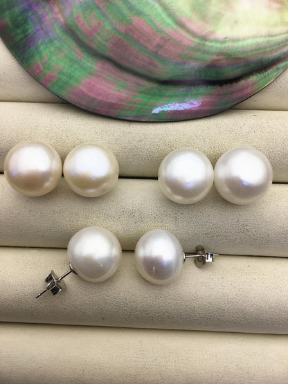 1 pair AA+ 14-15mm huge white button round Pearl Stud Earrings, freshwater pearl earrings, classic pearl studs, SE1-069-18