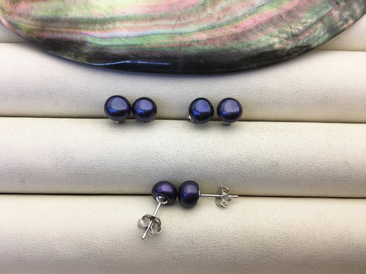 AAA 7-8mm deep blue black pearl stud earrings,Sterling Silver,SE1-T18