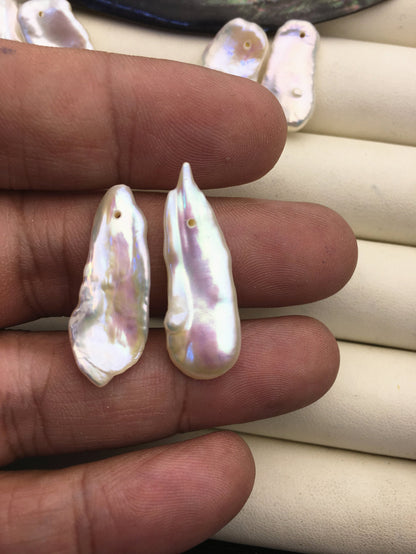 2 pairs 12-14mm White Biwa keshi pearls Pair,1.0mm side hole,ZS-127-36-2